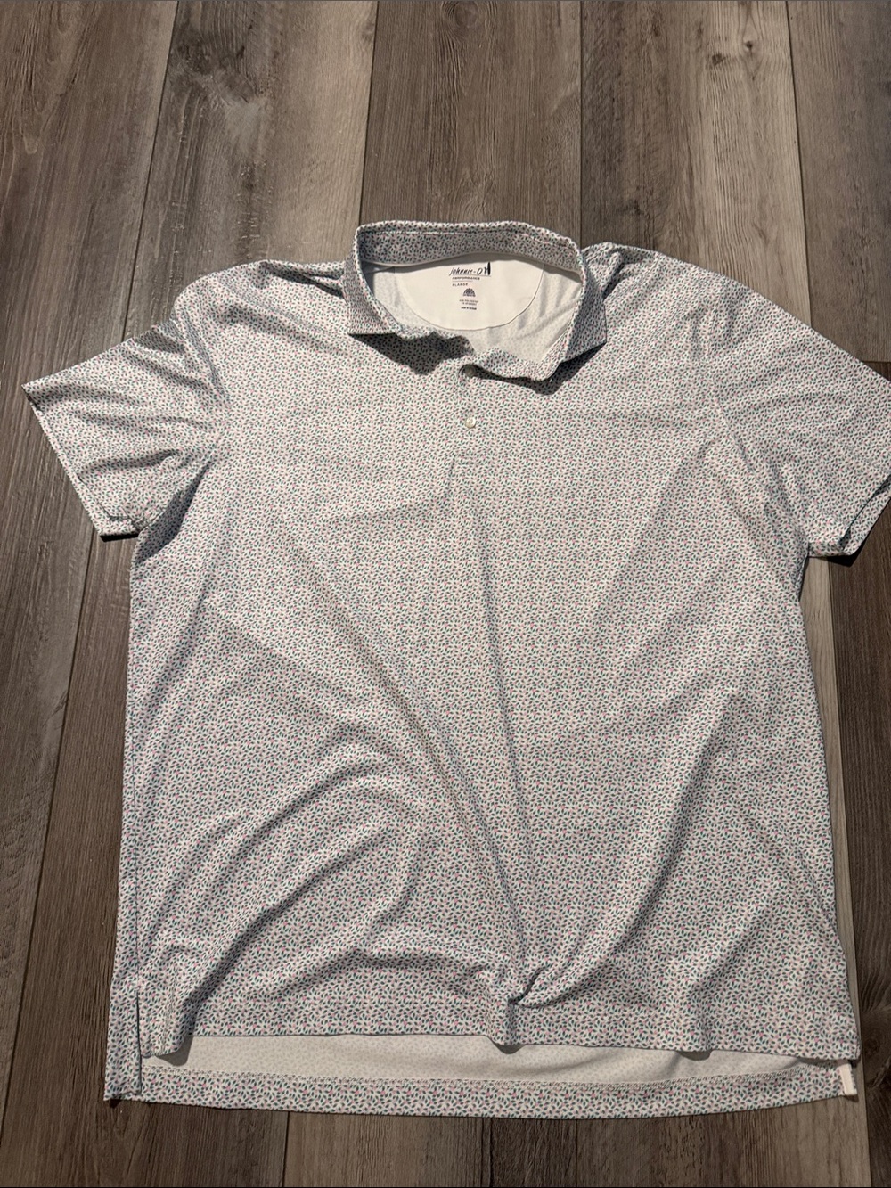 johnnie-O White Polo with Tiny Blue & Red Microprint